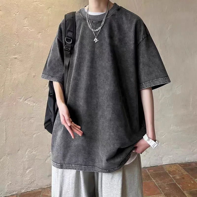 2025 summer European code wash heavy short sleeve T-shirt for young men pure cotton solid color loose retro round neck half slee