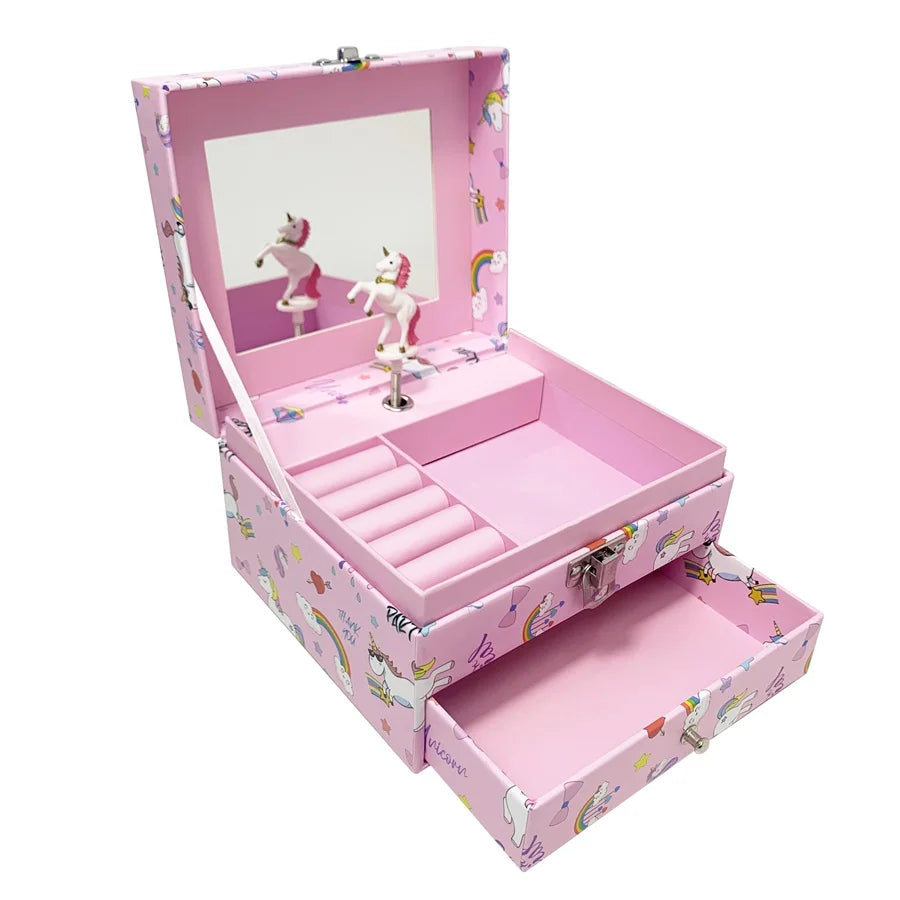 1pc Music Box with Drawer Mirror Rotating Pink Pony Jewelry Storage Box for Ring Necklaces Bracelets Birthday Gift