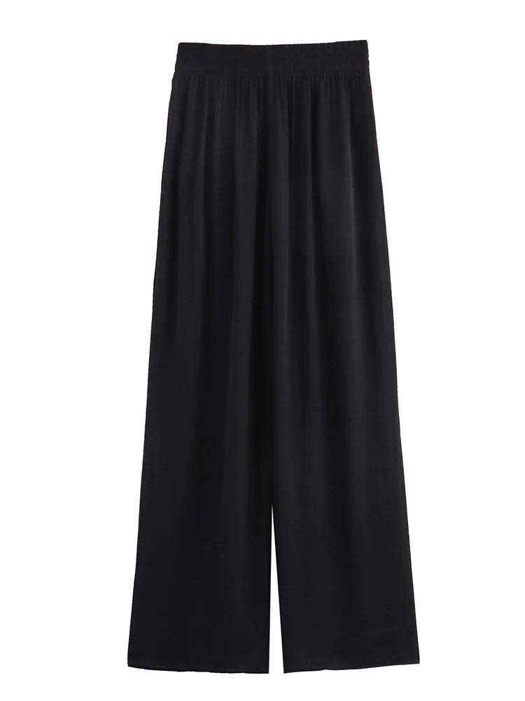 TFMLN New Women's High Waist Wide Leg Pants Fashion Elastic Waist Long Straight Trousers Lady Casual Solid Pocket Pants Summer