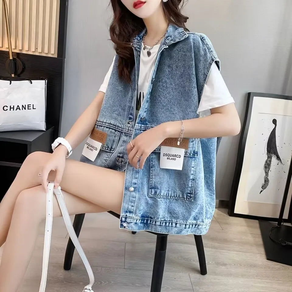 New Women's Denim Vest 2025 Fashion Female Spring Autumn Jeans Jacket Sleeveless Loose Short Coat Summer Streetwear Denim Vest