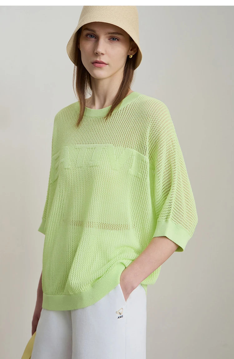 Amii Minimalist Women's Hollowed-out Knitted Pullover 2025 Summer New Half-sleeve Crew Neck Loose Blouse Thin Solid Top 12542139
