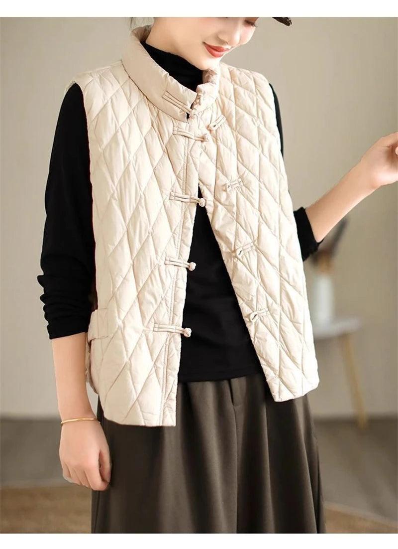 2024 New Autumn Winter Parkas Women Puffer Vest Loose Cropped Stand Collar Sleeveless Vest Jackets Down Cotton Padded Waistcoat