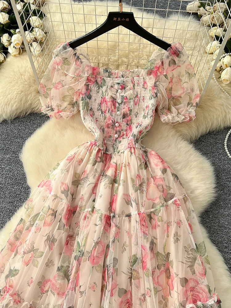 Summer Vintage French Mesh Dress for Women New Waist Cinched Slash Neck Bubble Sleeves Sweet Floral Chiffon Dress Female C146