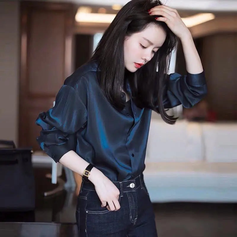 Comfortable Turn-down Collar All Seasons Women's Clothing 2023 Chiffon Trend All-match Korean Solid Color Long Sleeved Blouses