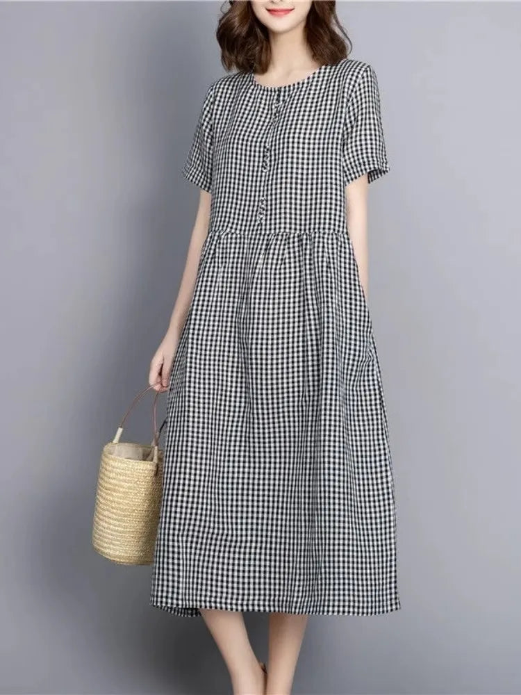 Vintage Plaid Cotton Dresses for Women 2025 New Summer Classical Ladies Midi Dress Elegant Literary Casual Loose Daily Dresses