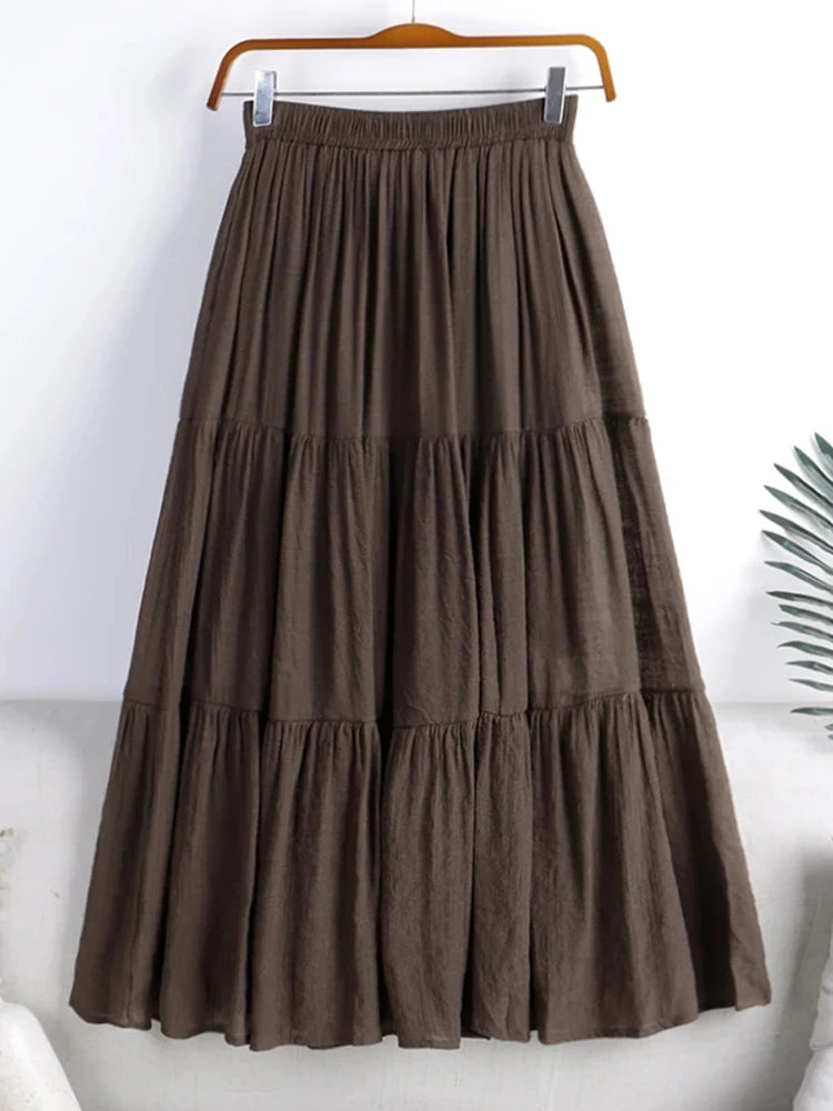 Designer Chic Maxi Skirt Woman 2024 New Summer A-Line Solid Patchwork Skirts Minimalist Casual Loose Pleated Skirts Jupe Femme