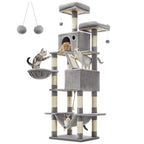 Feandrea Cat Tree, Height 206 cm, with 13 Scratching Posts, 2 Platform, 2 Kennels, Basket, Hammock, Pompom