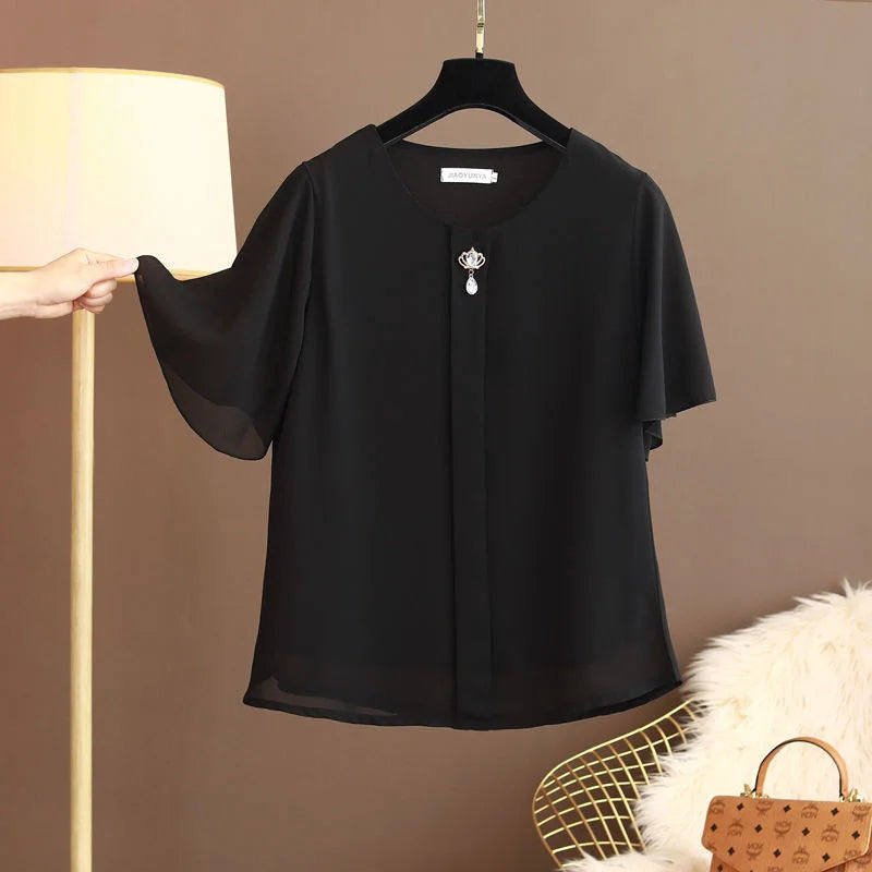 Women Blouse And Tops Summer Short Sleeve Chiffon T-shirt Middle Age Female Fashion Pullover Tshirts Shirts Large Size L-6XL