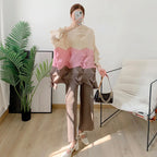 Miyake Diamond Pleated Two Piece Set Women Winter Outfits Elegant Causal Batwing Long Sleeve Three Colour Tos Straight Pants