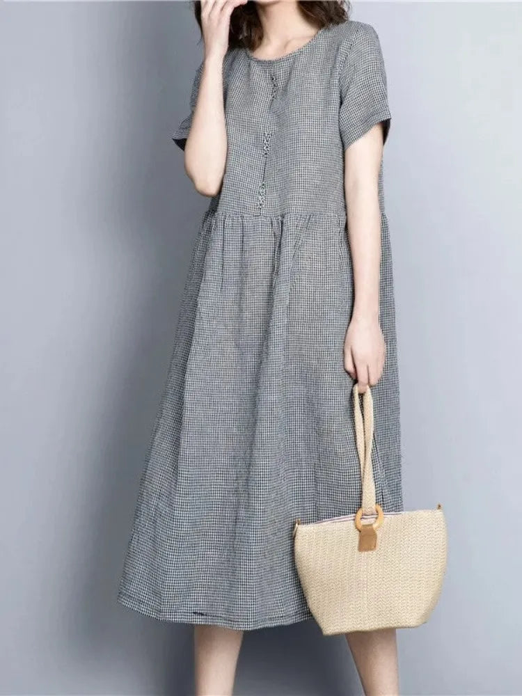 Vintage Plaid Cotton Dresses for Women 2025 New Summer Classical Ladies Midi Dress Elegant Literary Casual Loose Daily Dresses