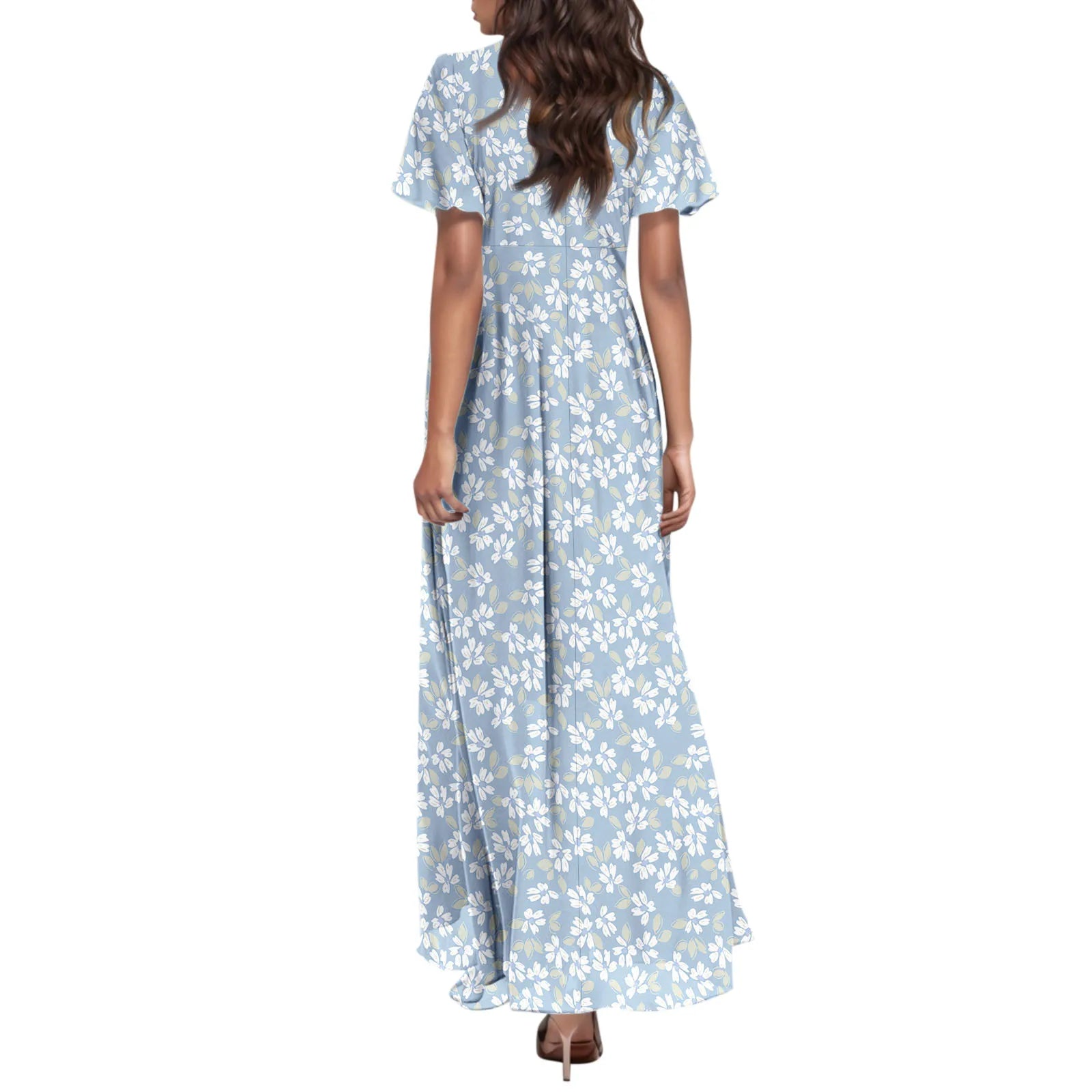 Women V-neck Ruffle Short Sleeve Maxi Dress Waist Tight High-waist Hem Sweet Floral Print Elegant Dress Female Clothing Vestidos
