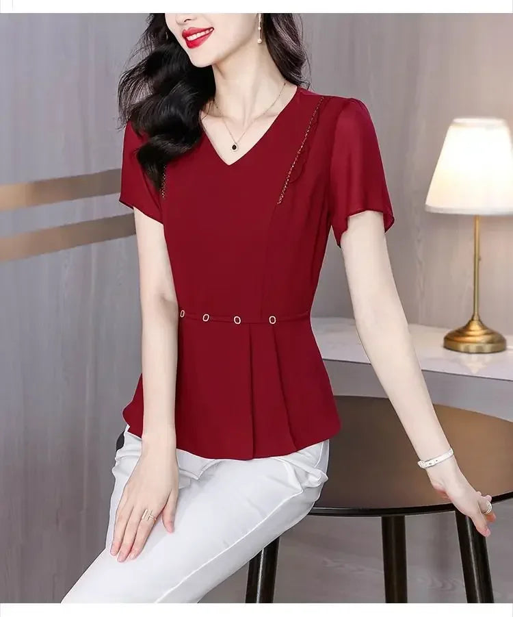 New Summer Solid Color Short-sleeved T-shirt Women with Large Size Fat Mm Slim V-neck Top Fashionable Temperament Small Shirt