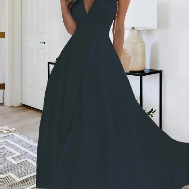Women'S Fashion Casual Dresses Spring And Summer Solid Color Sleeveless V Neck Side Zipper Style Long Dress Elegant Sundress