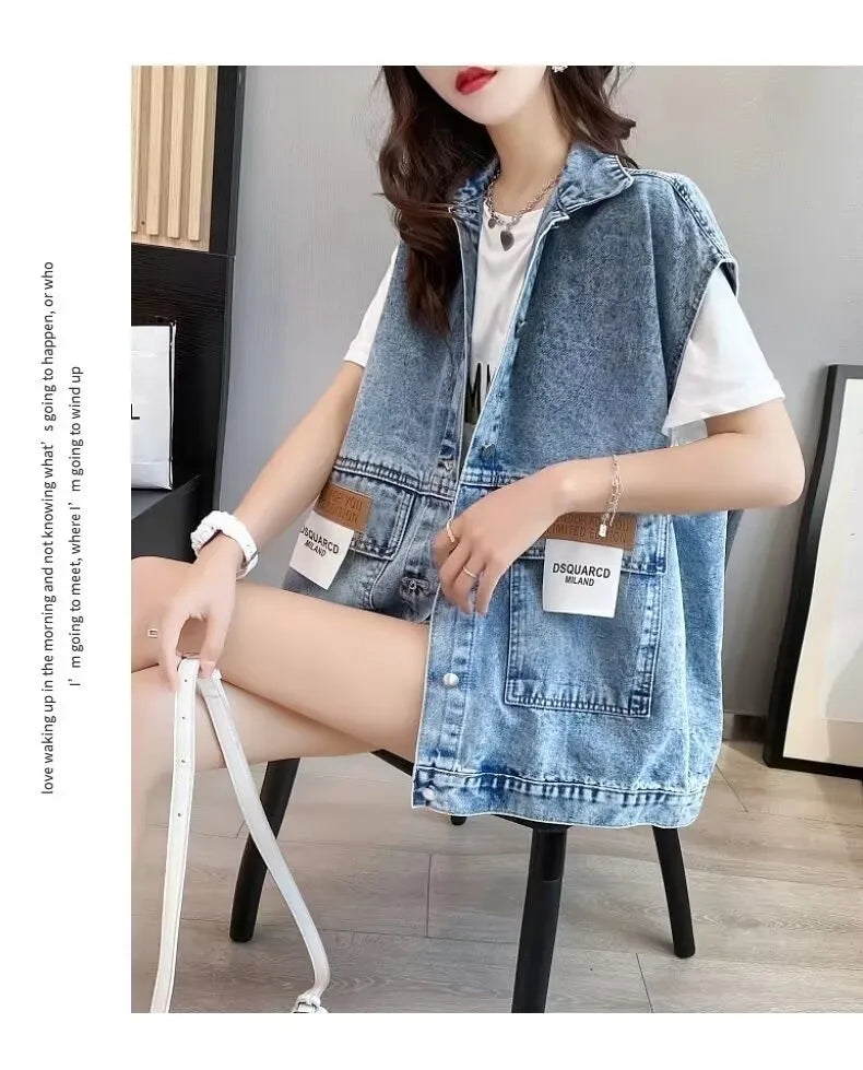 New Women's Denim Vest 2025 Fashion Female Spring Autumn Jeans Jacket Sleeveless Loose Short Coat Summer Streetwear Denim Vest