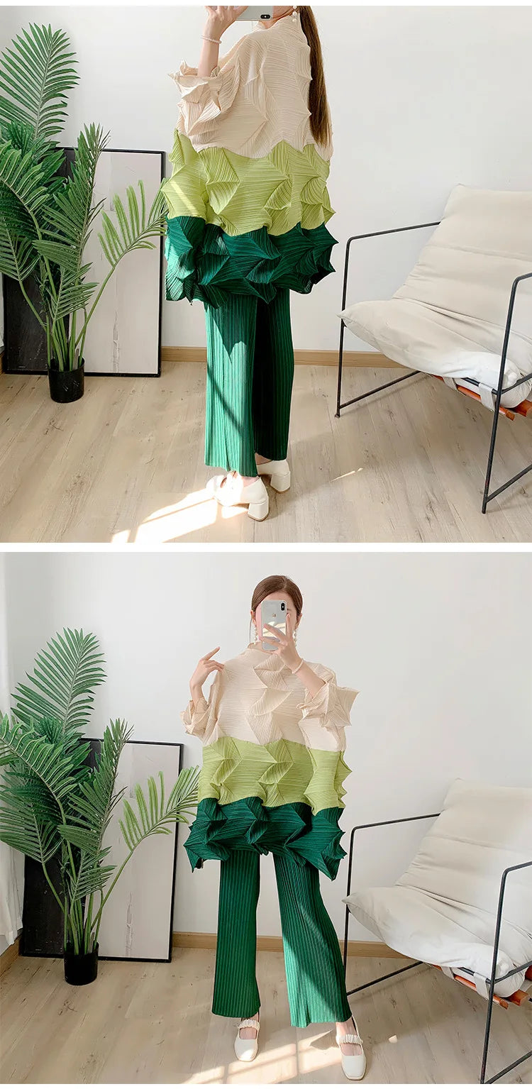 Miyake Diamond Pleated Two Piece Set Women Winter Outfits Elegant Causal Batwing Long Sleeve Three Colour Tos Straight Pants