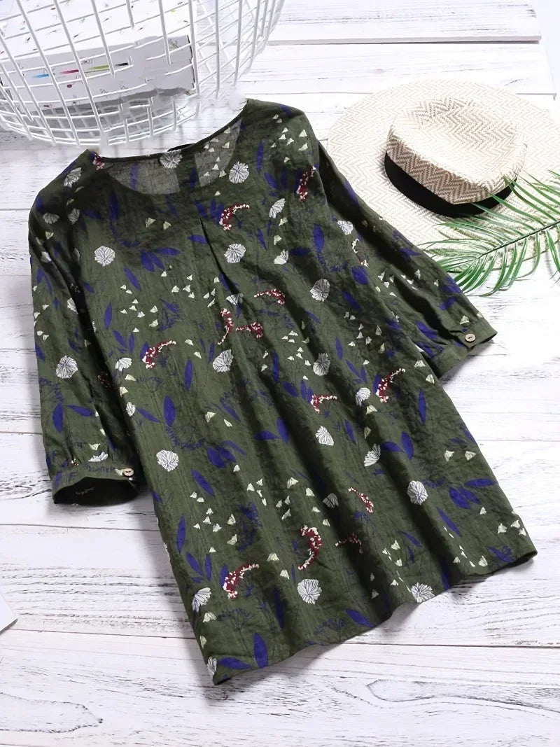 Plus Size 1XL-5XL Women's   Fashion Floral Printed 3/4 Sleeve Blouse Shirt Ladies Casual Loose Retro Color Shirt Blouse Tops