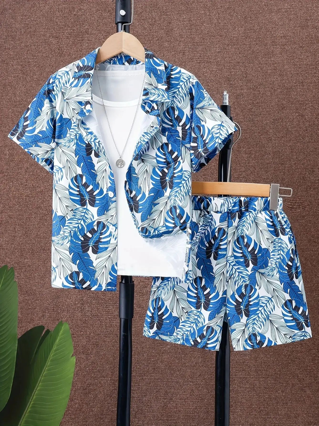 Boys' 2025 New Summer Fashion Suit Hawaiian All-Over Printed Beach Boy Trendyy Thin Shirt Shorts Two-Piece Set