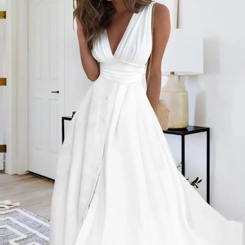 Women'S Fashion Casual Dresses Spring And Summer Solid Color Sleeveless V Neck Side Zipper Style Long Dress Elegant Sundress