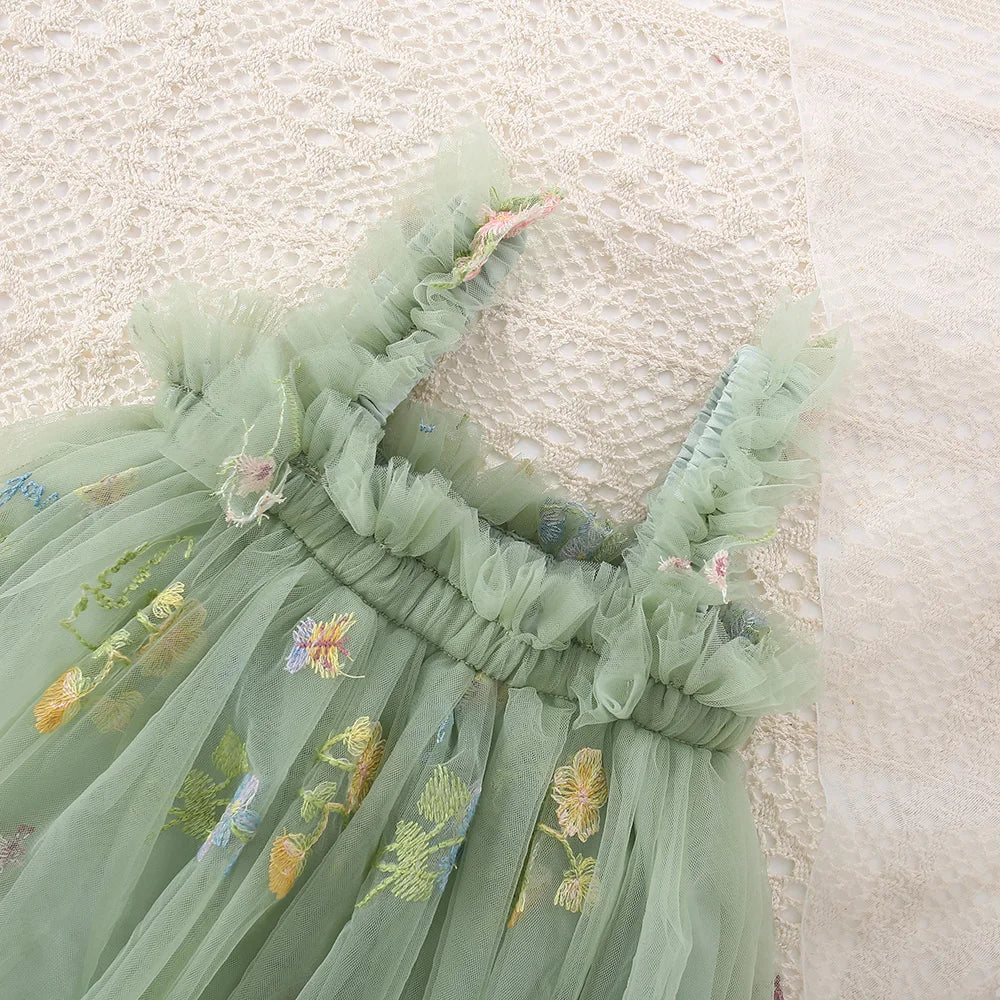 Cute Toddler Girls Mesh Suspenders Bow Dress Fuffy Tulle Tutu Princess Dress Summer Baby Girls Embroidery Flower Casual Wear