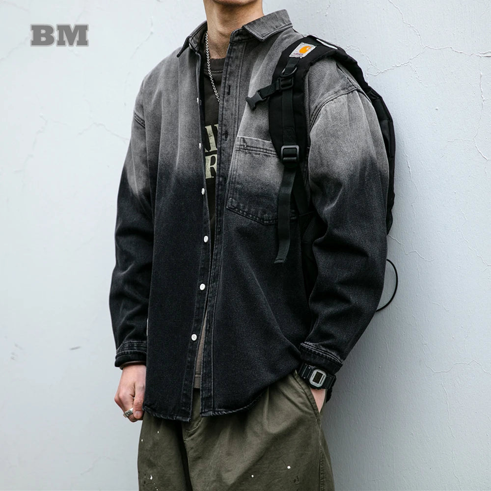 Korean fashion washed gradient denim shirt for men clothing High quality streetwear harajuku casual coat tremdy Long sleeve male