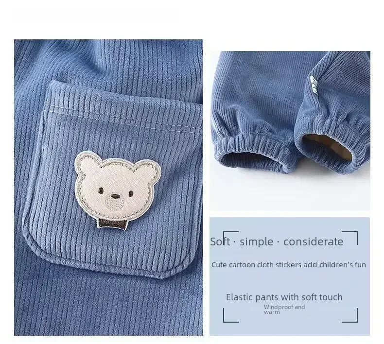 Autumn/winter Children's Fleece-lined Corduroy Pants Stylish Embroidery Casual Warm Trousers For Boys Girls