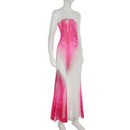 BIIKPIIK Vacation Mesh Semi-perspective Long Dress Sexy Floral Printed Strapless Party Dress Elegant Women Slim Fit Maxi Dresses