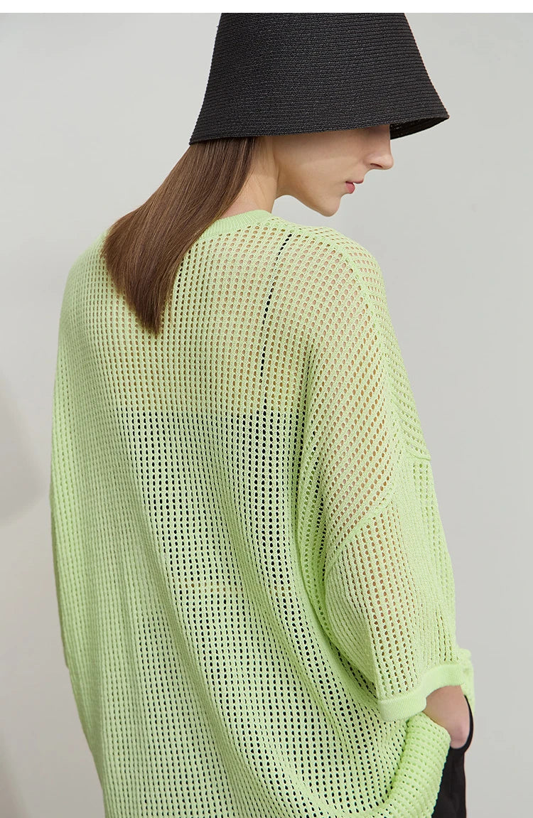 Amii Minimalist Women's Knitted Pullovers 2025 Summer Crew Neck Short-sleeved Casual Mid Long Loose Letter Jacquard Top 12542048