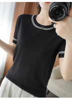 Women New Summer Short-sleeved Tees O-Neck Slim 100% Cotton Linen Hollow Pullover T-shirt Knitted Base Casual Sweater