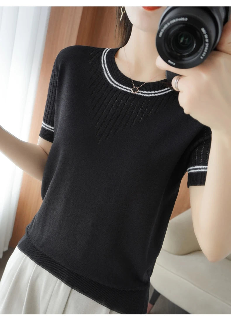 Women New Summer Short-sleeved Tees O-Neck Slim 100% Cotton Linen Hollow Pullover T-shirt Knitted Base Casual Sweater