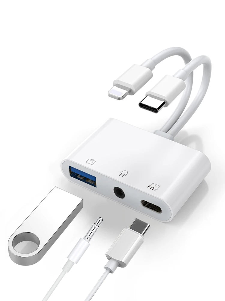Byscoon Lightning/Type C to USB 3.0 /3.5mm/Type C OTG Adapter 3.5mm Audio Jack Splitter for iPhone14/13/12/iPad with Charging