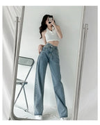 Design Sensibility High-Waisted Slimming Jeans Loose-Fit Straight-Leg Women's Korean Style Tie-Detail Wide-Leg Casual Trousers
