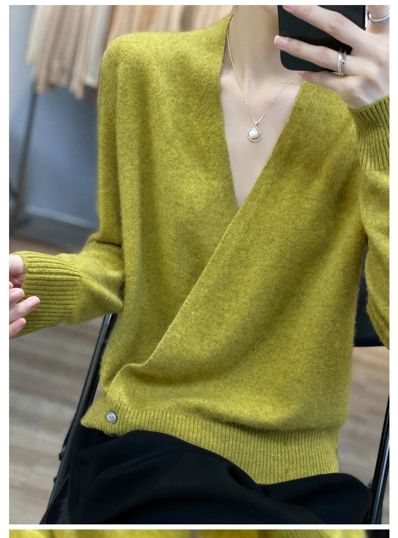 Japanese Kimono Cardigan Pure Wool Sweater Female Cross V-Neck Knitted Cardigan 2023 Spring and Autumn Loose Leggings Retro Top