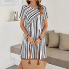 Casual Striped Print Dress For Women Fashion O-Neck Short Sleeve Loose Dresses Lady Office Womens Clothing Summer New Plus Size