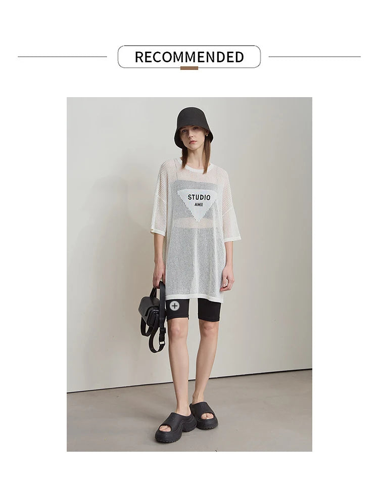 Amii Minimalist Women's Knitted Pullovers 2025 Summer Crew Neck Short-sleeved Casual Mid Long Loose Letter Jacquard Top 12542048