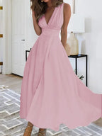 Women'S Fashion Casual Dresses Spring And Summer Solid Color Sleeveless V Neck Side Zipper Style Long Dress Elegant Sundress