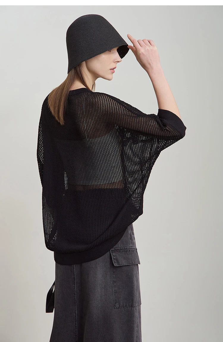 Amii Minimalist Women's Hollowed-out Knitted Pullover 2025 Summer New Half-sleeve Crew Neck Loose Blouse Thin Solid Top 12542139