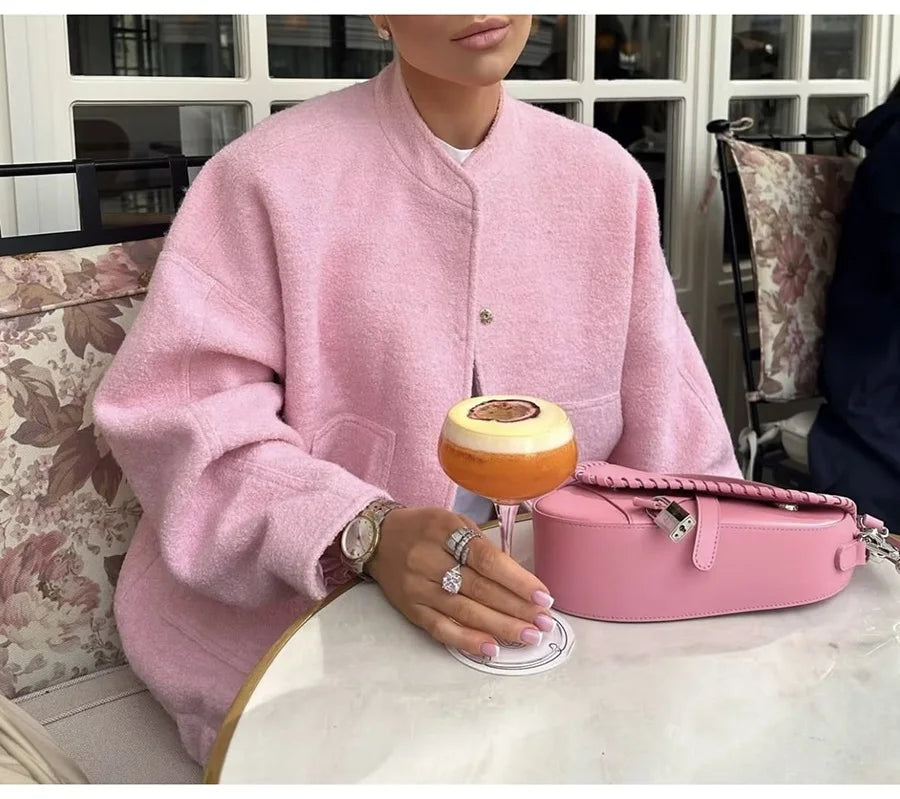 MiuKoMiYa Army Green Short Wool Blend Bomber Jackets For Women Winter Outdoor Women's Woolen Blend Coat Women Loose Wool Jacket