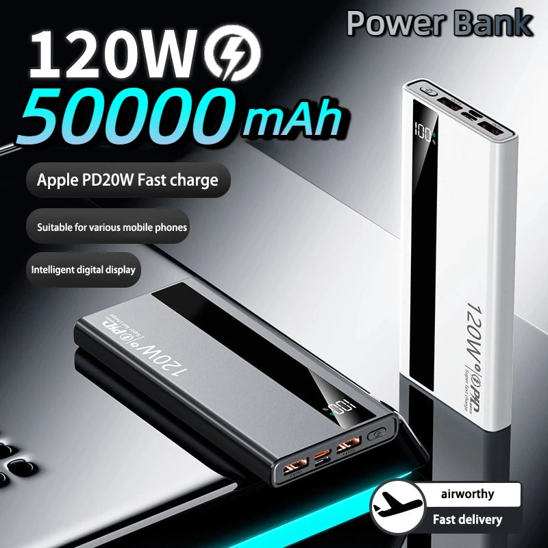 120W 50000mAh Power Bank High Capacity Digital Display Fast Charging Powerbank Portable Battery Charger Type C For iPhone