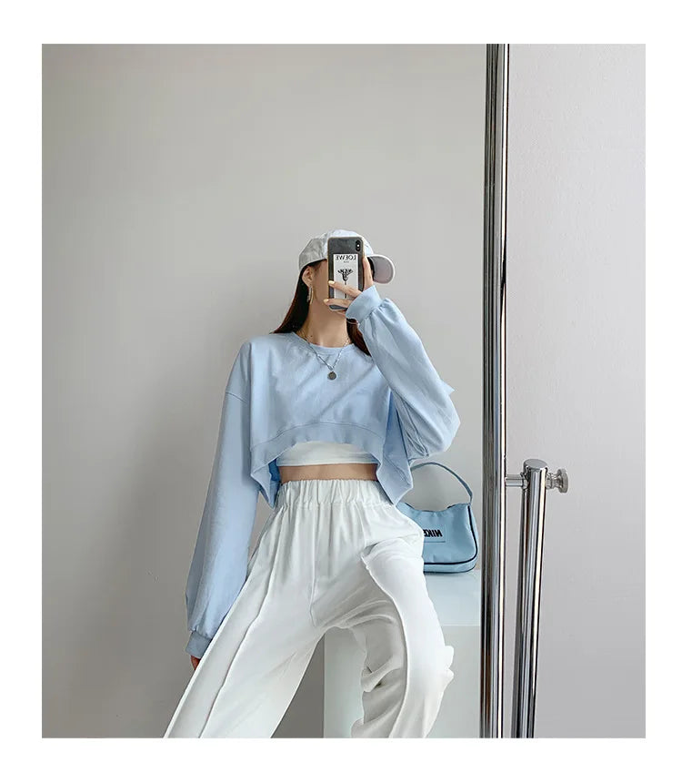 Long Sleeve Crop Top Korean Fashion Solid Loose Y2K T-shirt Woman Autumn Winter Harajuku Sexy Clothes Women Kpop Japanese Tees