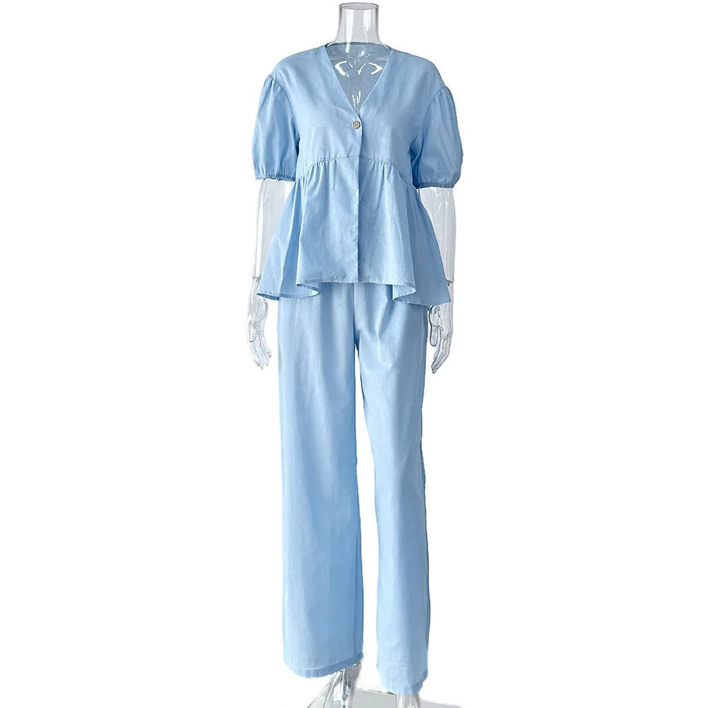 Summer Casual Cotton 2 Piece Set Women Outfit Deep V Neck Short Puff Sleeve Pullover Top Long Trousers Loose Lady Two Piece Suit