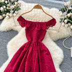 SINGREINY Chic Embroidery Hollow Out Dress Ruffles Splice Off Shoulder Elastic Ruched Slim 2025 Solid Gentle Vacation Long Dress