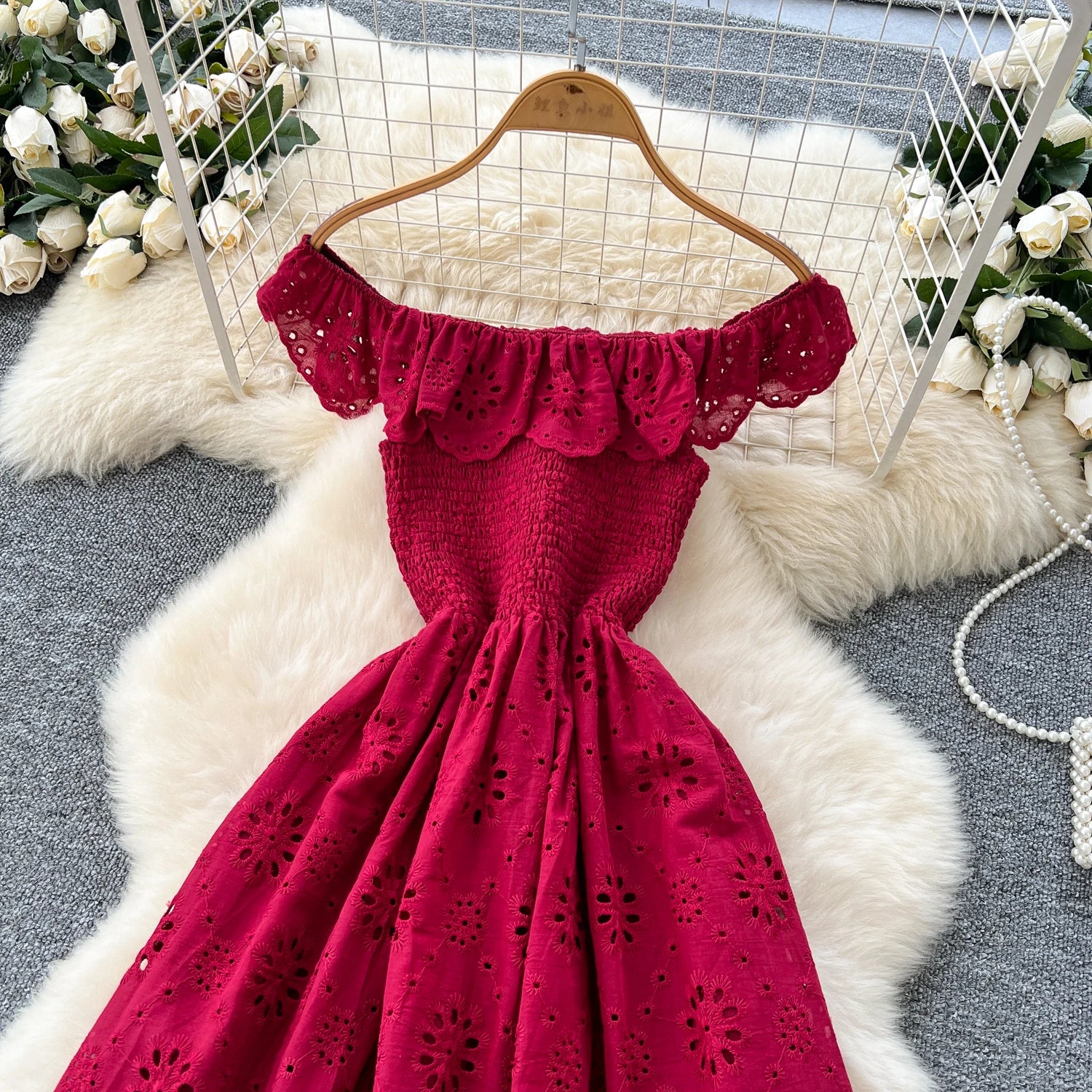 SINGREINY Chic Embroidery Hollow Out Dress Ruffles Splice Off Shoulder Elastic Ruched Slim 2025 Solid Gentle Vacation Long Dress