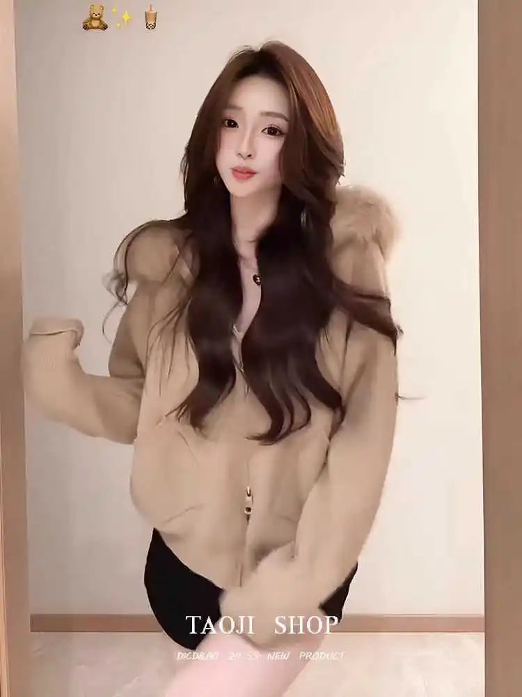 Cardigan Womens Y2k Spring Autumn Loose Hooded Knitted Coat Pure Color Casual Coats Offce Lady Streetwear Winter Clothing