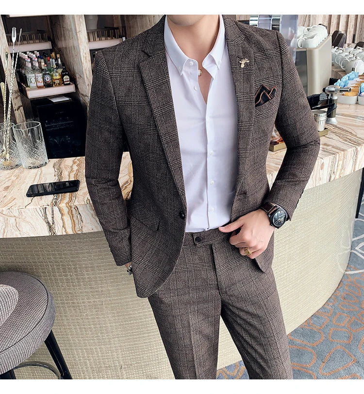 Men Luxury Slim Fit Check Suits Men Boutique Business Casual Formal Suits Sets Blazers+Pants Wedding Social Tuxedo Dress Homme