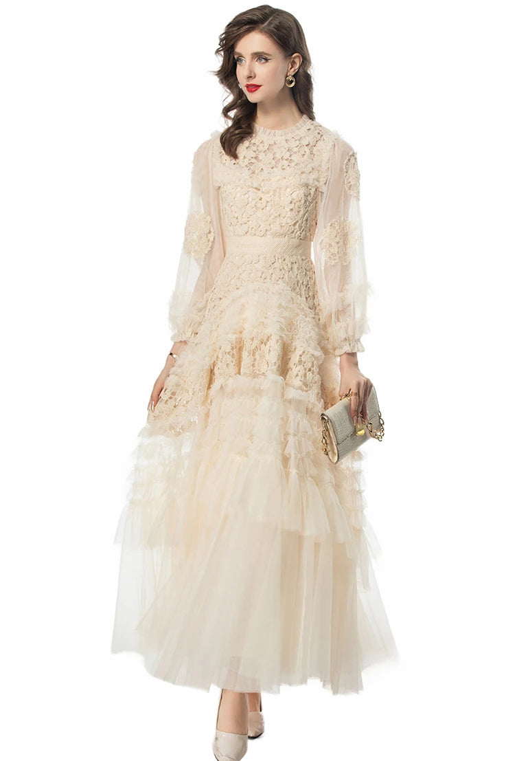 LD LINDA DELLA Fashion Designer Summer Dress Women's Vintage Solid Color Temperament Net Yarn Embroidery Cascading Ruffle Dress