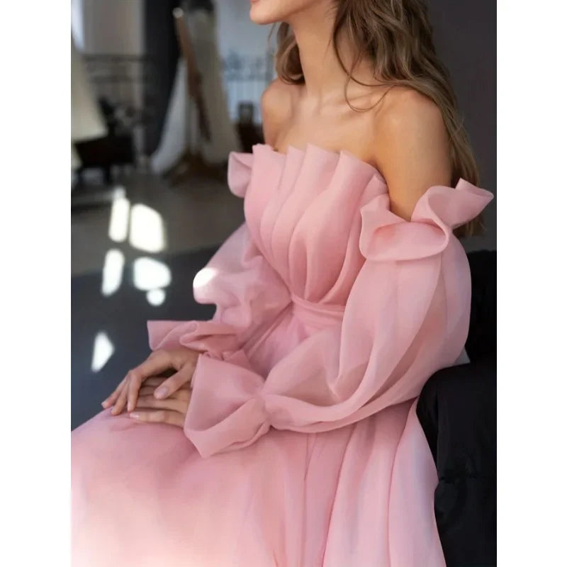 Sexy Fashion Long Sleeve Off Shoulder High Waist Corset Folds Evening Graduation Dress Robe Prom Elegant Women Long Party Dress