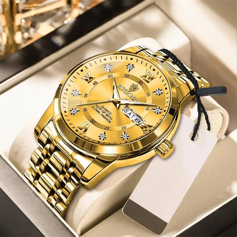 2025 Quartz Watch for Men Luxury Diamonds Gold Watch Waterproof Luminous Stainless Steel Business Men's Quartz Watch Mens Watch
