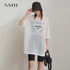 Amii Minimalist Women's Knitted Pullovers 2025 Summer Crew Neck Short-sleeved Casual Mid Long Loose Letter Jacquard Top 12542048