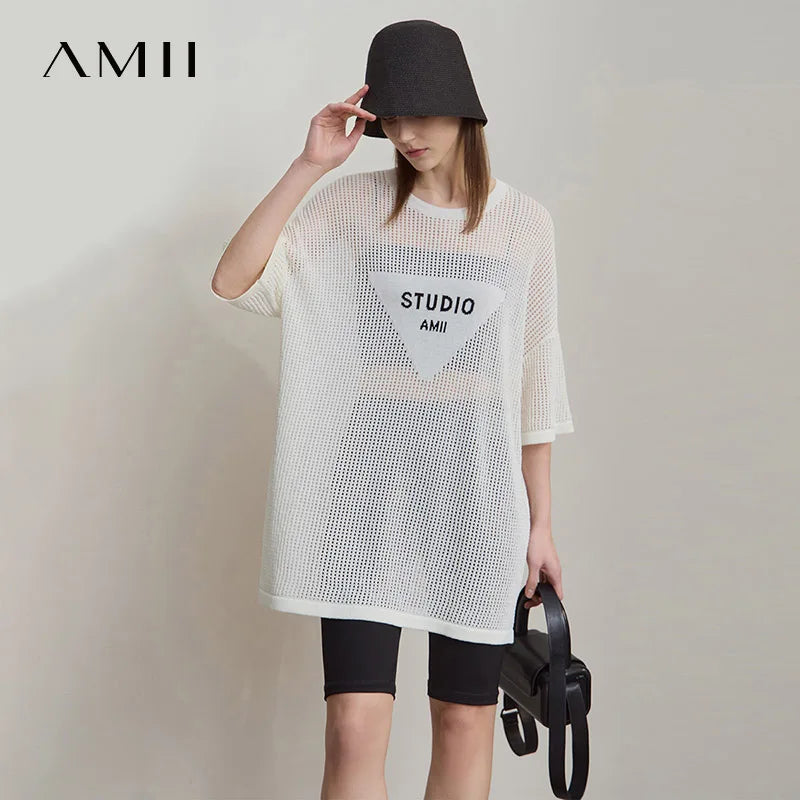 Amii Minimalist Women's Knitted Pullovers 2025 Summer Crew Neck Short-sleeved Casual Mid Long Loose Letter Jacquard Top 12542048