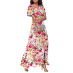 Women V-neck Ruffle Short Sleeve Maxi Dress Waist Tight High-waist Hem Sweet Floral Print Elegant Dress Female Clothing Vestidos
